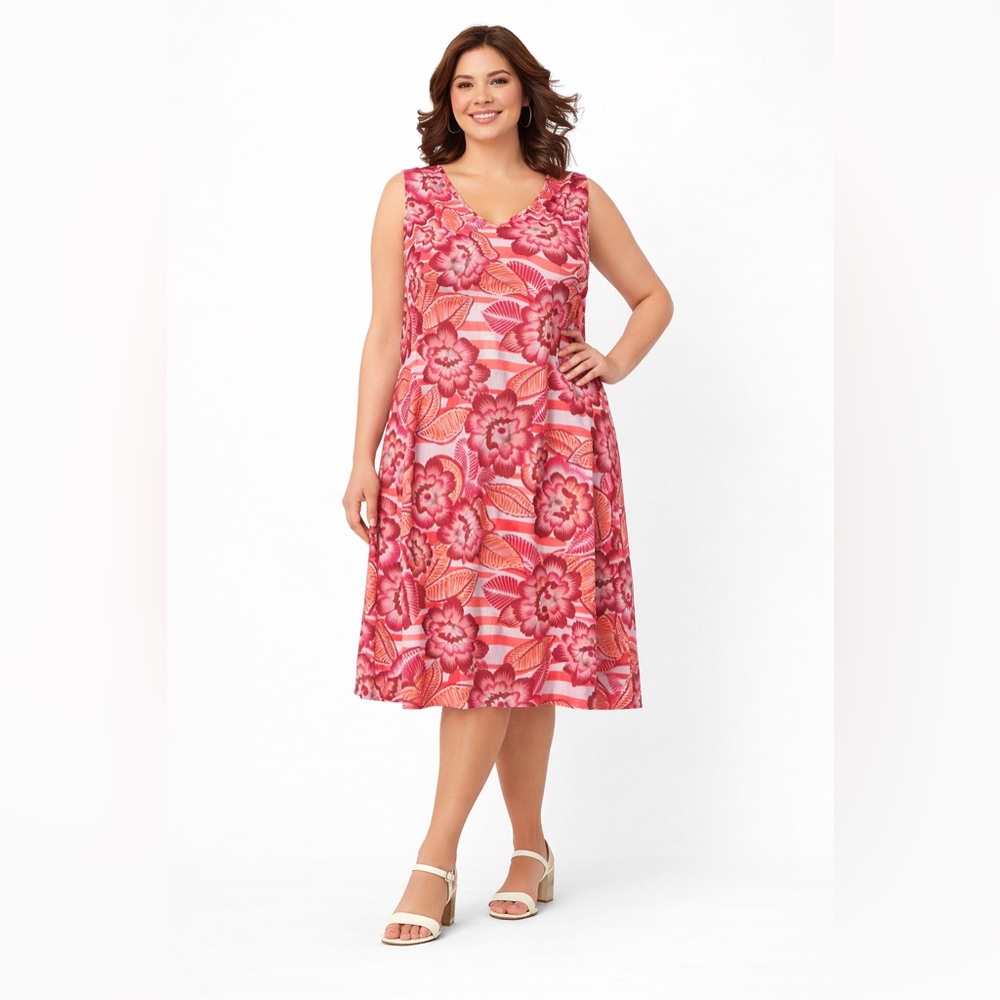 Caribbean Joe Floral Sleeveless Dress Soze 2X Cotton Pink and Coral